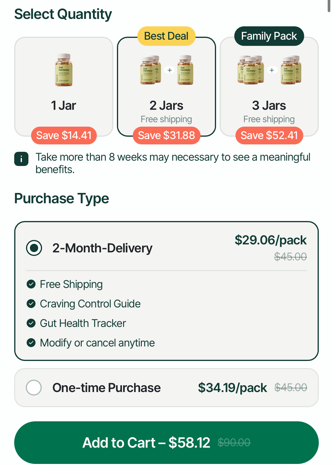 Subscription buy box: pack selection, 2-Month-Delivery selected with per-pack price, and add to cart